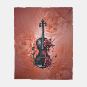 Gothic black violin with red roses  fleece blanket