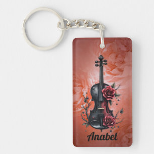 Gothic black violin with red roses keychain