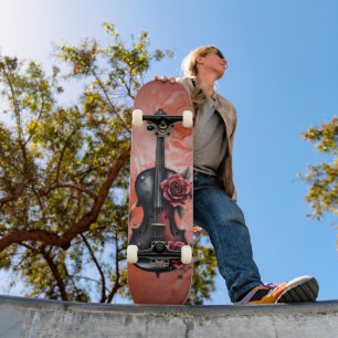 Gothic black violin with red roses  skateboard