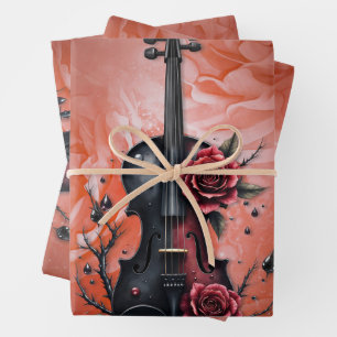 Gothic black violin with red roses wrapping paper sheet