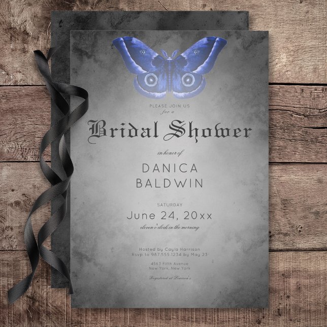 Gothic Black Watercolor Blue Moth Bridal Shower Invitation (Gothic Black Watercolor Blue Moth Bridal Shower Invitation)