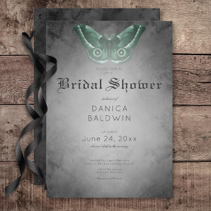Gothic Black Watercolor Green Moth Bridal Shower Invitation