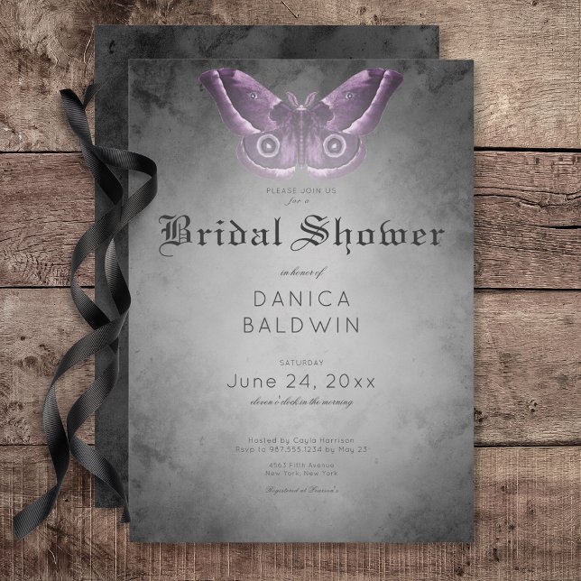 Gothic Black Watercolor Purple Moth Bridal Shower Invitation (Gothic Black Watercolor Purple Moth Bridal Shower Invitation)