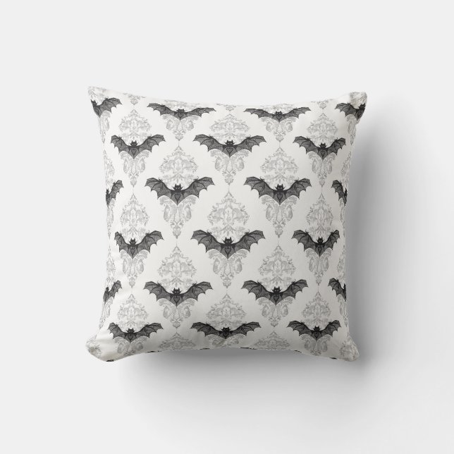 Gothic black white bats pattern throw pillow (Front)
