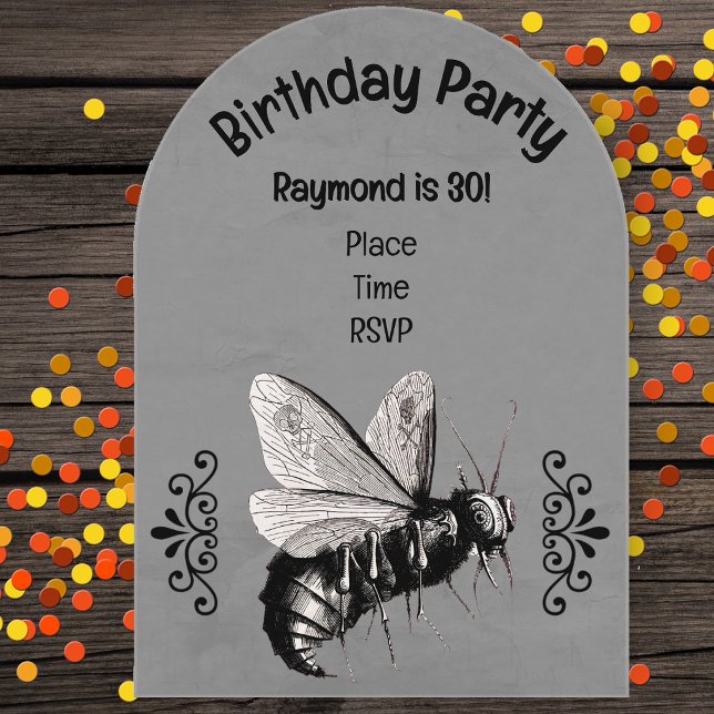 Gothic Black White Bee Skull Bones Scrolls Grey Acrylic Invitations (Gothic bee skull crossbones ornage black scrolls on grey 30th birthday party acrylic invitation.)