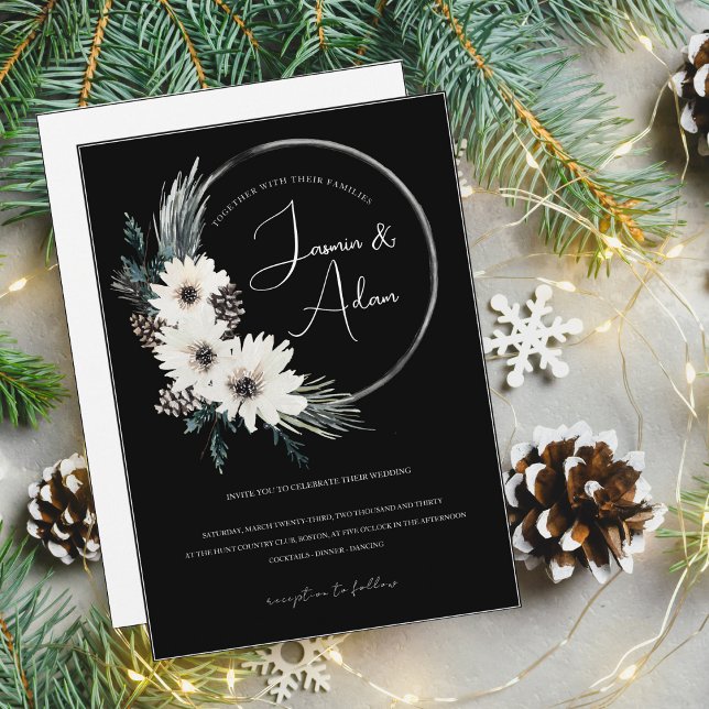 Gothic Black White Floral Wreath Christmas Wedding Invitation (Creator Uploaded)