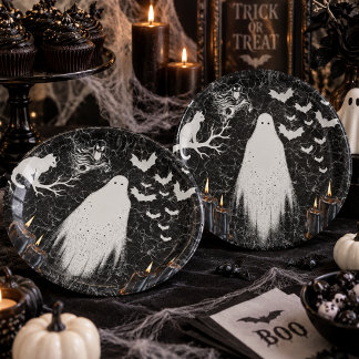 Gothic Black White Ghost Halloween Paper Plate