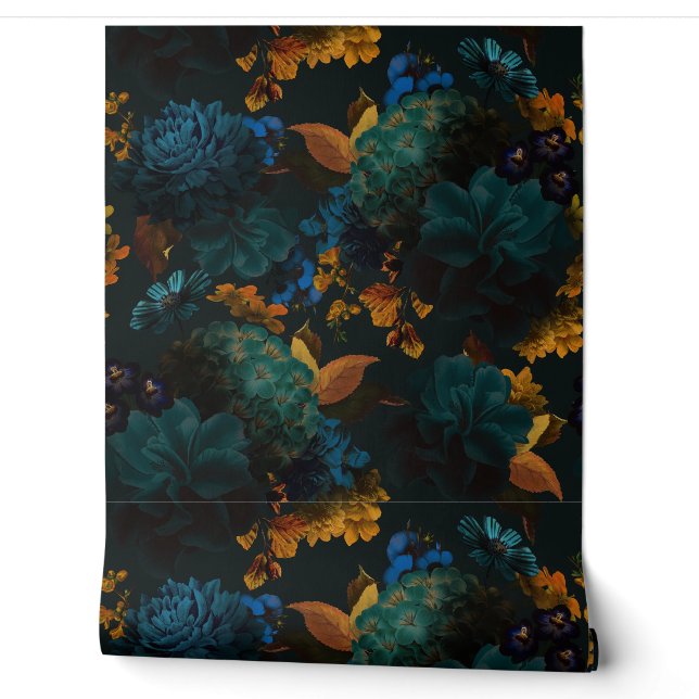 Gothic Blue And Yellow Bold Moody Florals Wallpape Wallpaper (Unrolling)