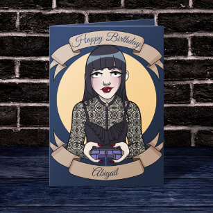 Gothic Blue Cartoon Gamer Girl Birthday Card