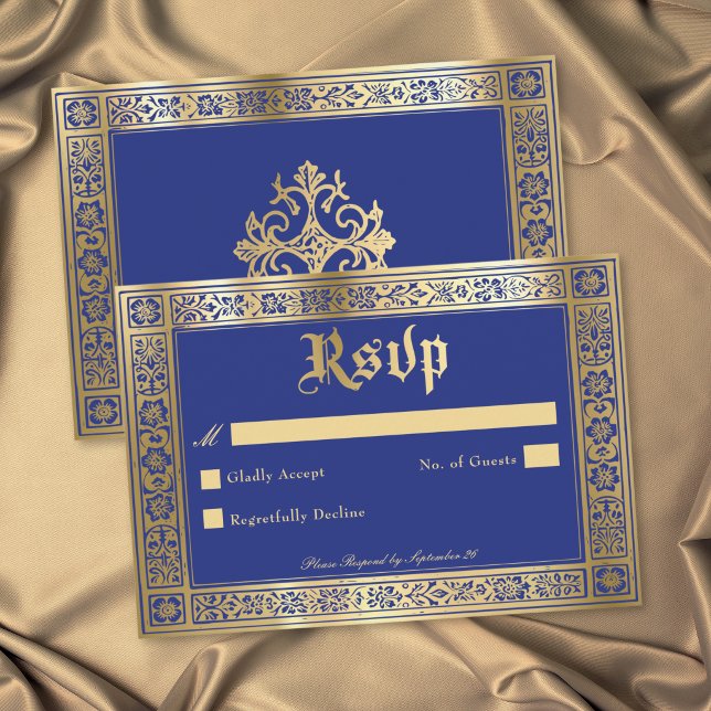 Gothic Blue Gold Medieval Until Death Wedding RSVP Card (Gothic Blue Gold Medieval Until Death Wedding RSVP Card)