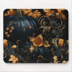 GOTHIC BLUE HALLOWEEN PUMPKINS YELLOW FLOWERS MOUSE PAD