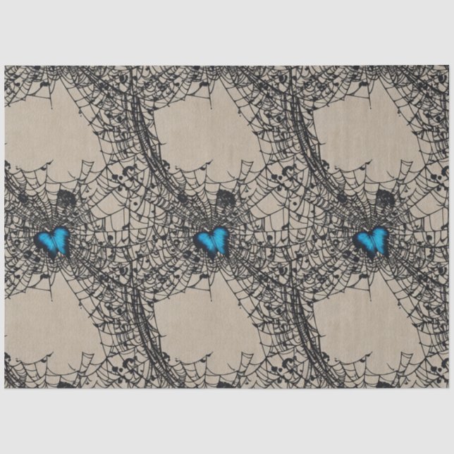 Gothic Blue Heart Butterfly in Spiderweb ephemera Tissue Paper (Front)