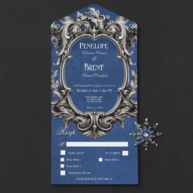 Gothic Blue Moody Victorian Frame Dinner All In One Invitation (Gothic Blue Moody Victorian Frame Dinner All In One Invitation)