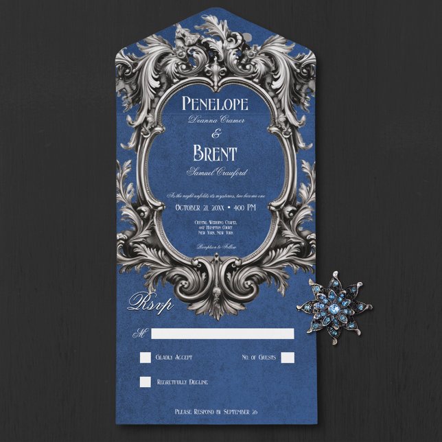 Gothic Blue Moody Victorian Frame No Dinner All In One Invitation (Gothic Blue Moody Victorian Frame No Dinner All In One Invitation)