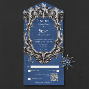 Gothic Blue Moody Victorian Frame QR Code All In One Invitation