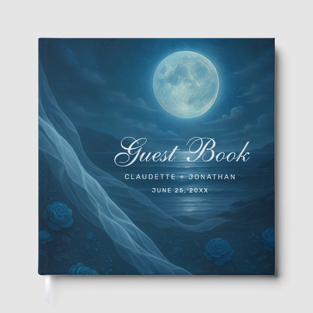Gothic Blue Moonlit Beach Skeleton Wedding Guest Book (Front)