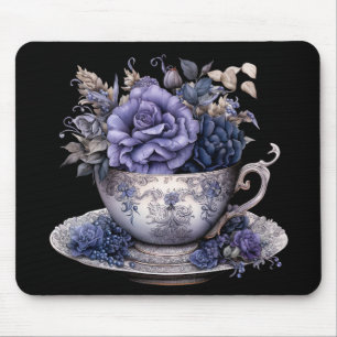 GOTHIC BLUE & PURPLE FLOWERS IN A TEACUP MOUSE PAD