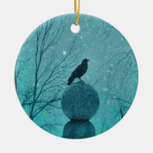 Gothic Blue Snow Crow Ceramic Ornament