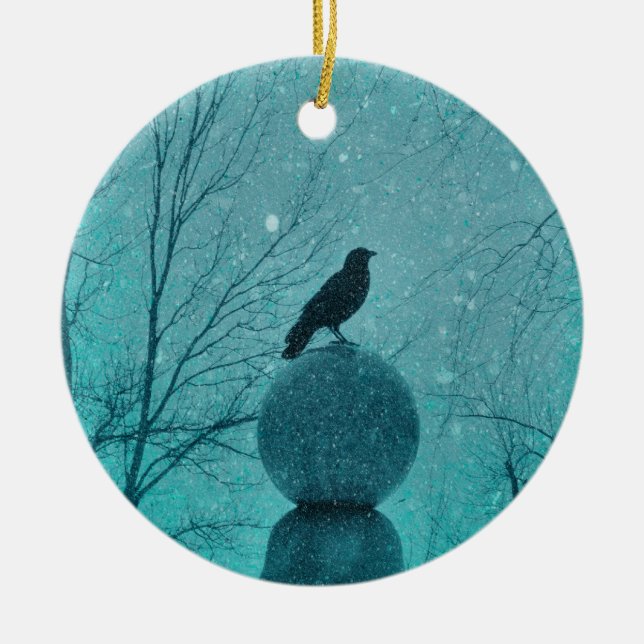 Gothic Blue Snow Crow Ceramic Ornament (Front)