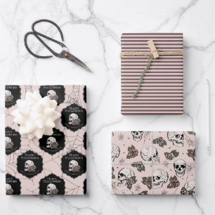 Gothic Blush Pink Skulls and Stripes Halloween  Wrapping Paper Sheet
