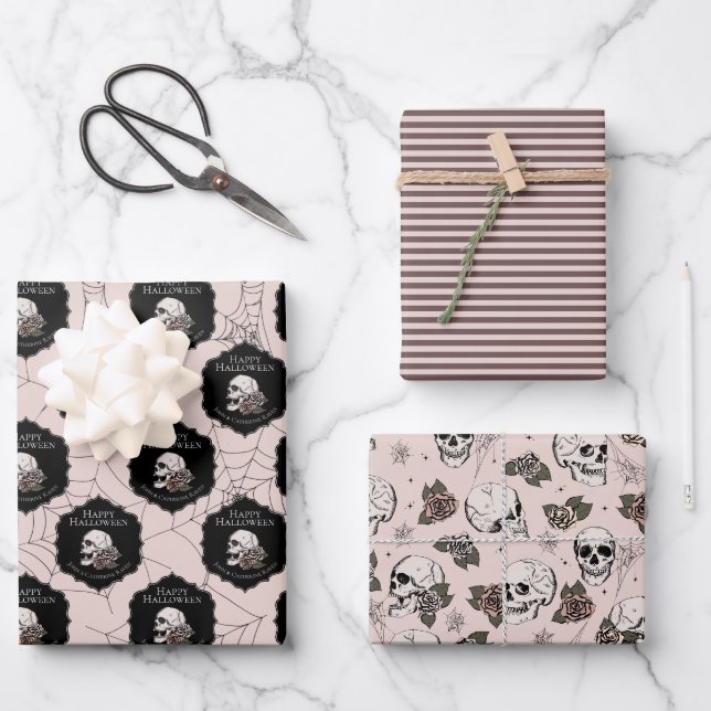 Gothic Blush Pink Skulls and Stripes Halloween  Wrapping Paper Sheet (Front)