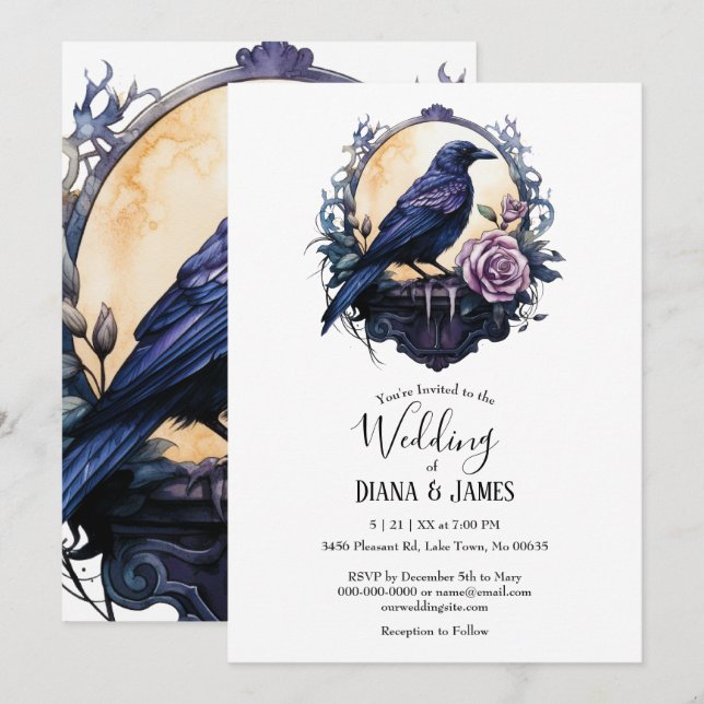 Gothic Boho Floral Raven & Rose  Wedding Invitation (Front/Back)