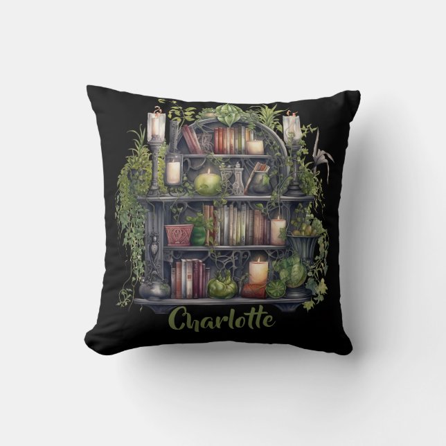Gothic Book Lover. Witchy overflowing bookcase Throw Pillow (Front)