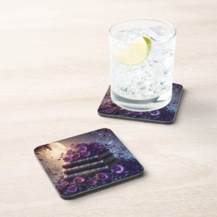 Gothic Book Purple Floral Coaster