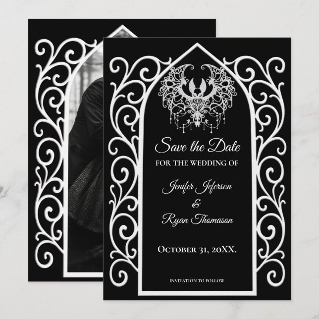 Gothic border black and white wedding save the dat announcement (Front/Back)