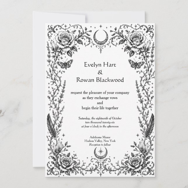 Gothic Botanical Black and White Invitation (Front)