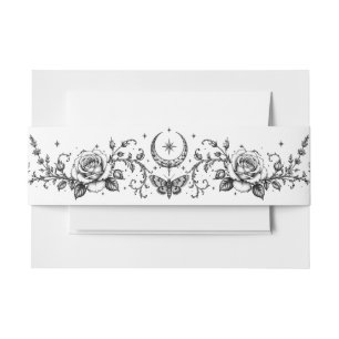 Gothic Botanical Black and White Wedding Invitation Belly Band