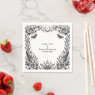 Gothic Botanical Black and White Wedding Napkin