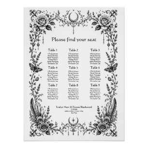 Gothic Botanical Black White Wedding Seating Chart