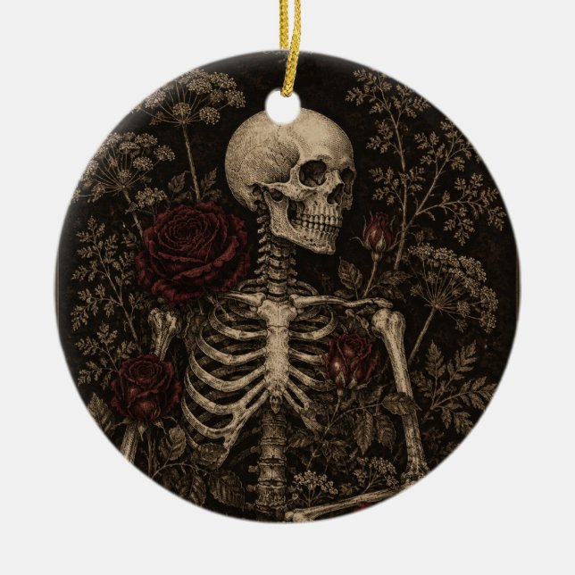 Gothic Botanical Skeleton Victorian Etching Burgun Ceramic Ornament (Front)