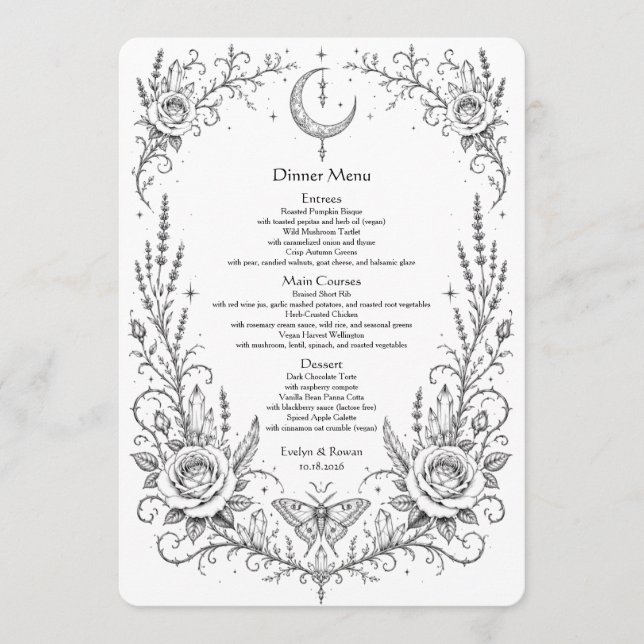 Gothic Botanical Wedding Black and White Dinner Menu (Front)