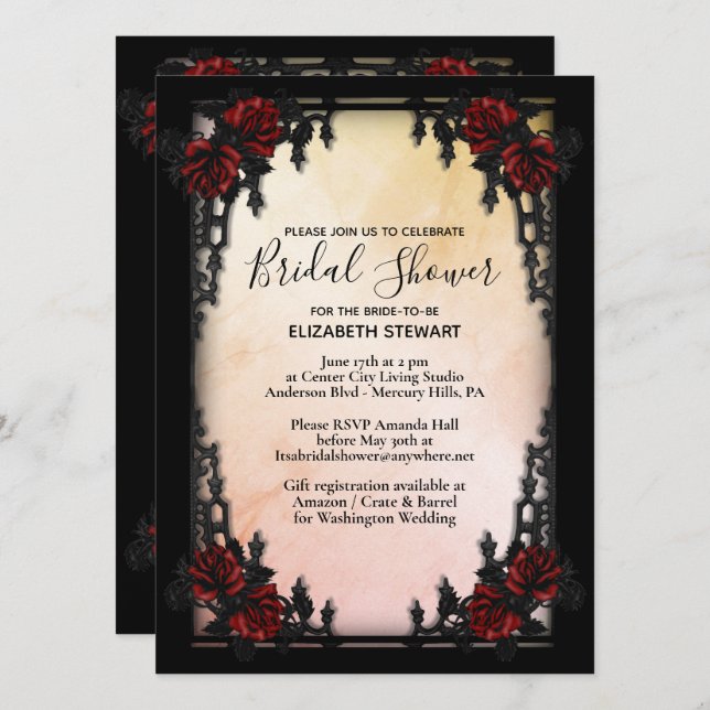 Gothic Bridal Shower Peach w Register Info Invitation (Front/Back)
