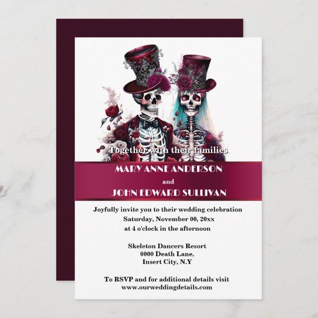 Gothic bride groom skeleton burgundy rose wedding invitation (Front/Back)