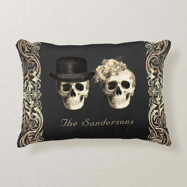 Gothic Bride Groom Skulls Till Death Personalized Accent Pillow (Front)