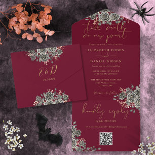 Gothic Burgundy And Gold Roses QR Code Wedding All In One Invitation