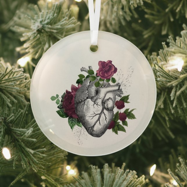 Gothic Burgundy Floral Heart Glass Ornament (Insitu)