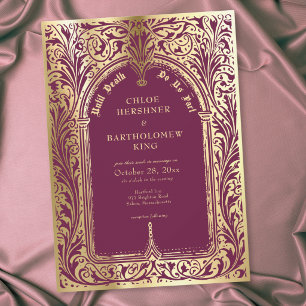Gothic Burgundy Gold Medieval Until Death Wedding Invitation