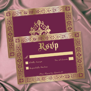 Gothic Burgundy Gold Medieval Until Death Wedding RSVP Card