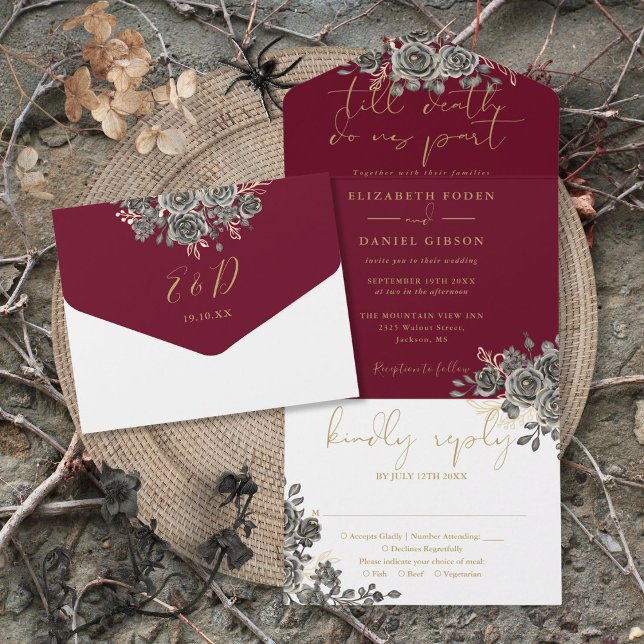 Gothic Burgundy Red And Black Roses Floral Wedding All In One Invitation (Gothic Burgundy Red And Black Roses Floral Wedding All In One Invitation)