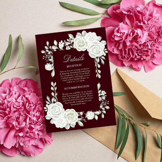 Gothic Burgundy White Roses Wedding Enclosure Card (Gothic burgundy white roses enclosure card shares details with a romantic, dramatic touch.)
