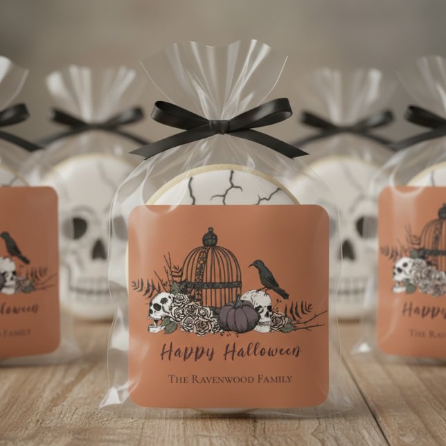 Gothic Burnt Orange Skulls and Roses Halloween Square Sticker (Gothic Burnt Orange Skulls, Roses, Birdcage & Foliage Illustration for Halloween & Spooky Fall Party)