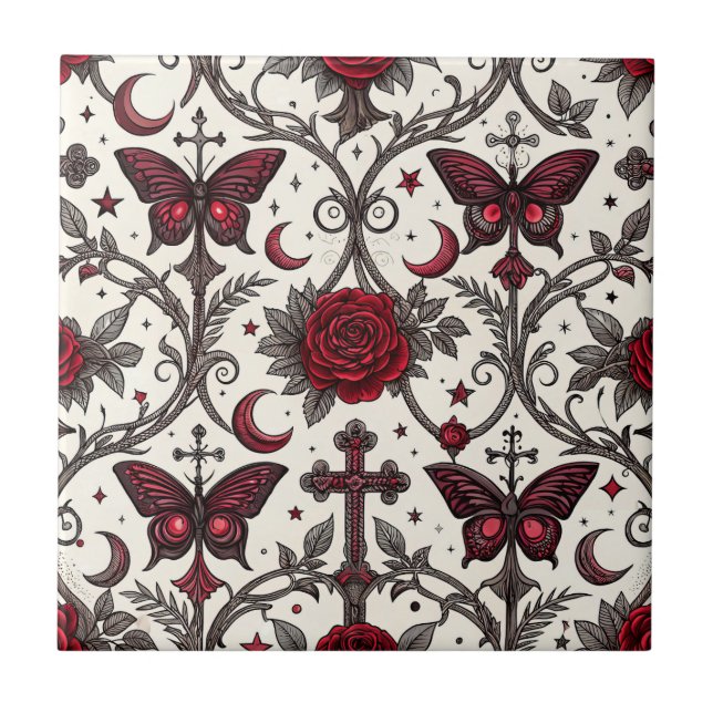 Gothic Butterfly Floral Pattern (1) Tile (Front)