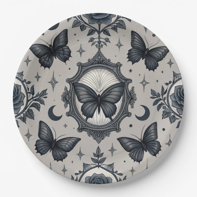 Gothic Butterfly Floral Pattern (2) Paper Plate (Front)