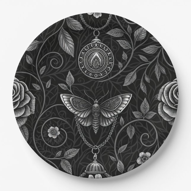Gothic Butterfly Floral Pattern (3) Paper Plate (Front)