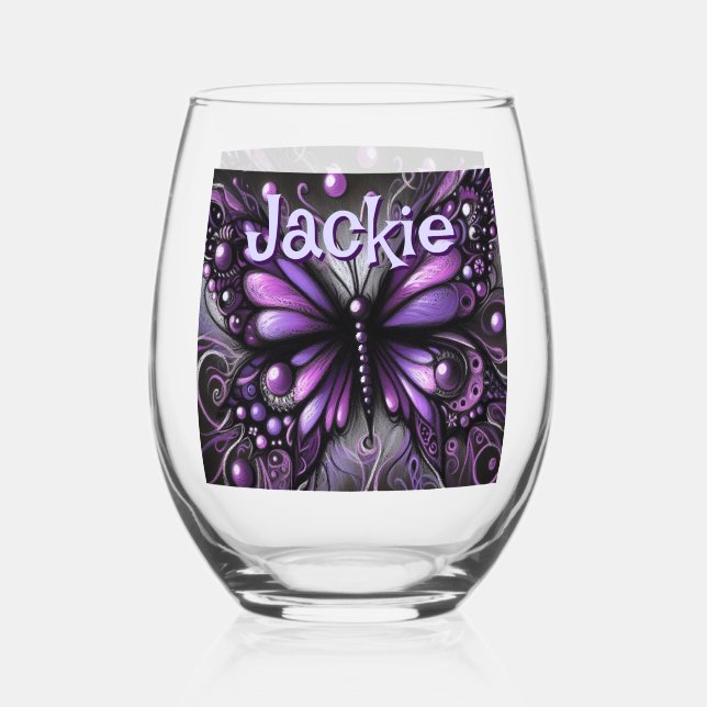 Gothic Butterfly Purple Black Personalized Stemless Wine Glass (Front)