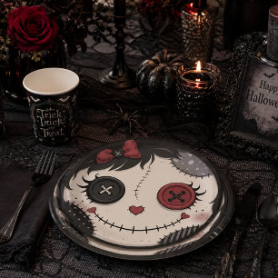 Gothic Button Eye Doll Face Pink Black Halloween  Paper Plate